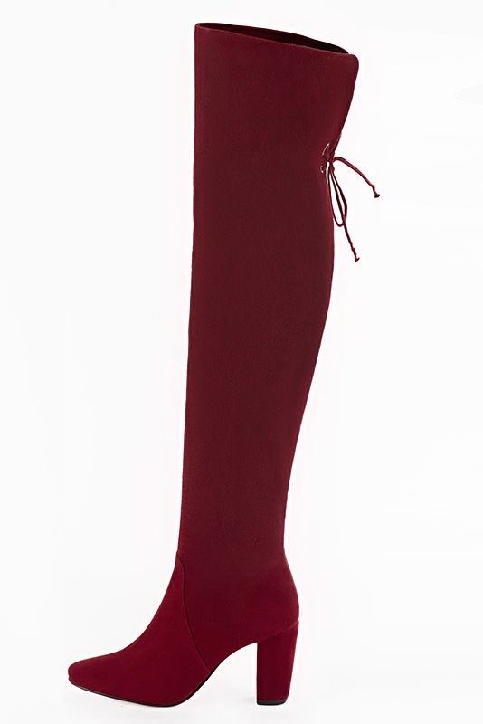 Burgundy red women's leather thigh-high boots. Round toe. High block heels. Made to measure. Profile view - Florence KOOIJMAN